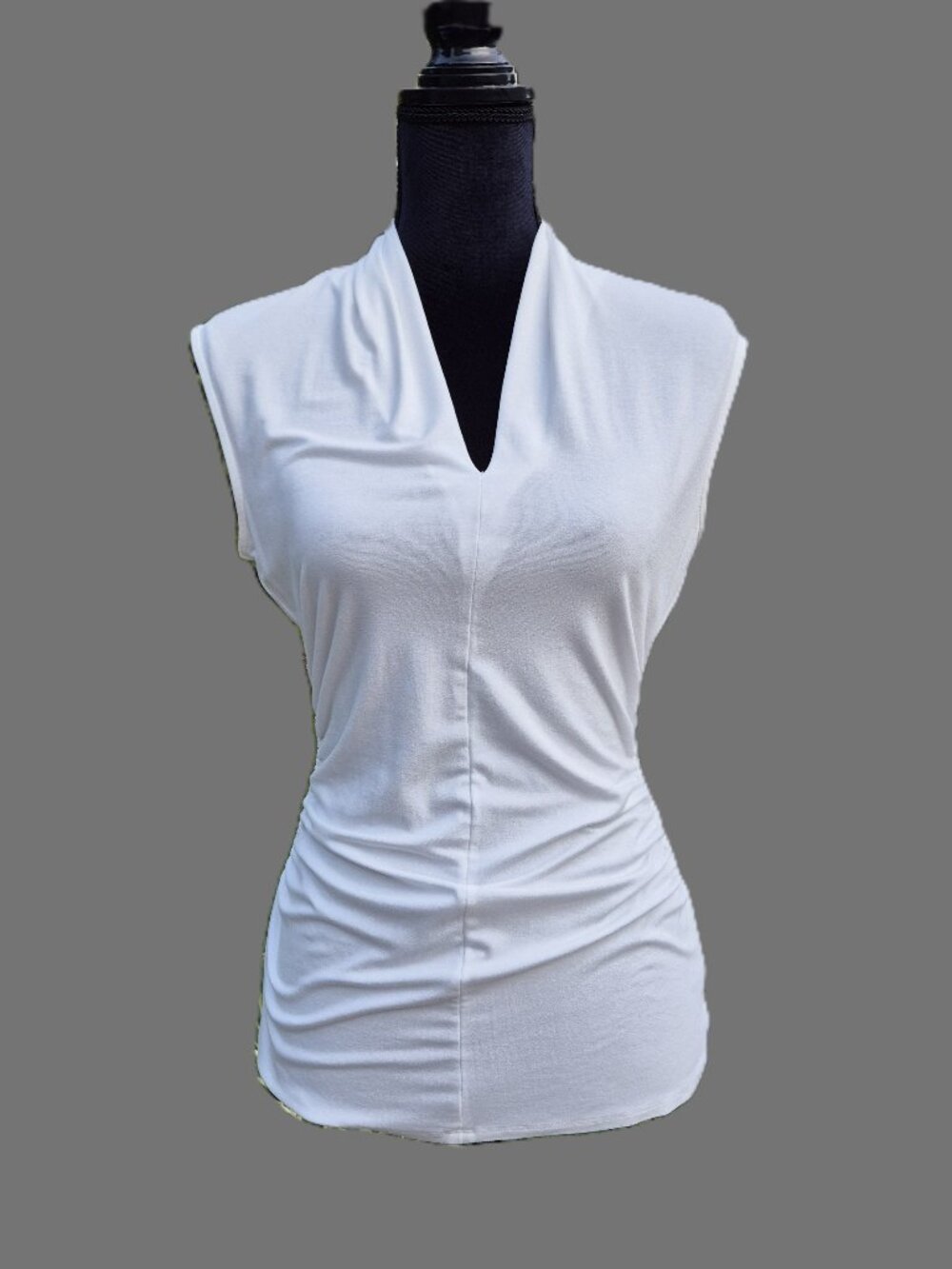 Vince Camuto White V Neck Top with Ruching, Size M